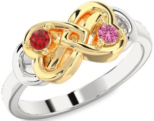 Emerald Platinum & Yellow Gold Infinity Heart Two Stone Birthstone Ring