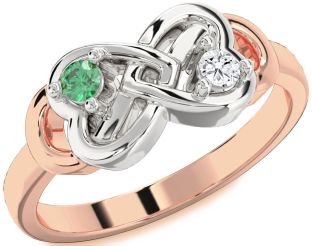 Emerald Platinum & Rose Gold Infinity Heart Two Stone Birthstone Ring