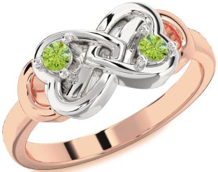 Emerald Platinum & Rose Gold Infinity Heart Two Stone Birthstone Ring
