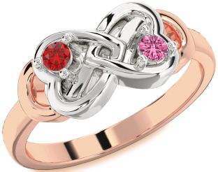 Emerald Platinum & Rose Gold Infinity Heart Two Stone Birthstone Ring