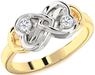 Diamond White Yellow Gold Infinity Heart Round Two Stone Ring