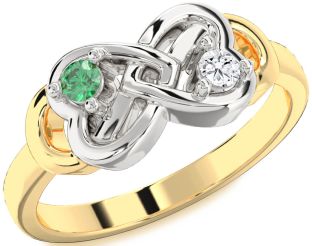 Emerald Platinum & Yellow Gold Infinity Heart Two Stone Birthstone Ring