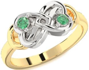 Emerald Platinum & Yellow Gold Infinity Heart Two Stone Birthstone Ring