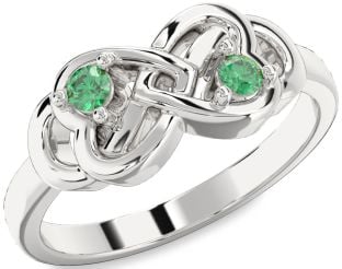 Emerald Silver Infinity Heart Two Stone Birthstone Ring
