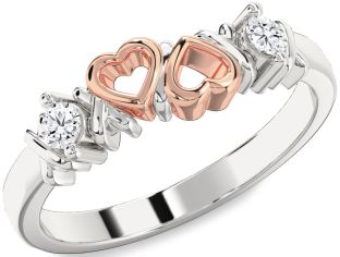 Diamond Silver & 10K Rose Gold Heart Round Two Stone Ring