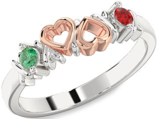 Emerald Silver & 10K Rose Gold Heart Two Stone Birthstone Ring