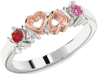 Silver & 10K Rose Gold Heart Two Stone Promise Ring