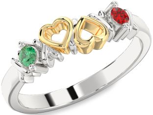 Emerald Silver & 10K gold Heart Two Stone Birthstone Ring