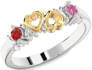 Silver & 10K gold Heart Two Stone Promise Ring