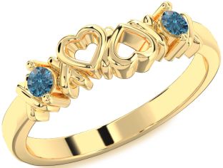 Blue Diamond Gold Silver Heart Two Stone Ring