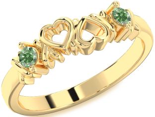 Green Diamond Gold Silver Heart Two Stone Ring
