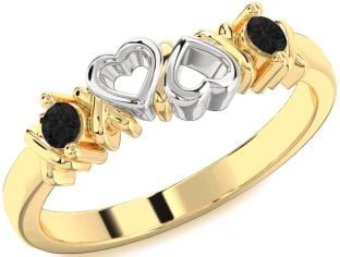 Black Diamond Gold Silver Heart Two Stone Ring