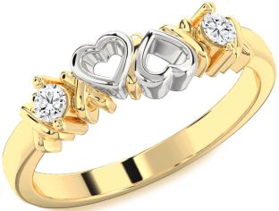 Diamond White Yellow Gold Heart Round Two Stone Ring