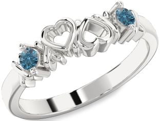 Blue Diamond Silver Heart Two Stone Ring