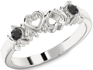 Black Onyx Silver Heart Two Stone Ring