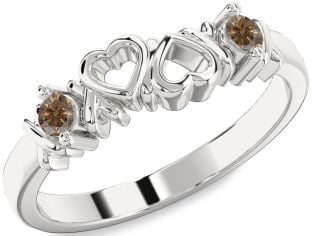 Chocolate Brown Diamond Silver Heart Two Stone Ring