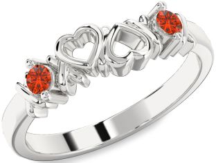 Fire Opal Silver Heart Two Stone Ring