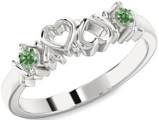 Green Diamond Silver Heart Two Stone Ring