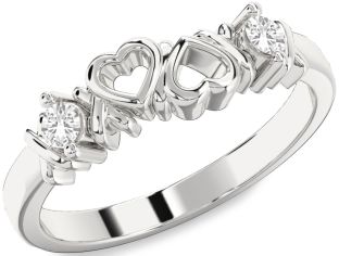 White Sapphire Silver Heart Two Stone Ring