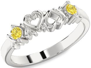 Yellow Diamond Silver Heart Two Stone Ring