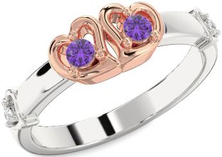 Diamond Emerald Platinum & Rose Gold Heart Two Stone Birthstone Ring