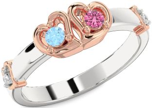 Diamond Silver & 10K Rose Gold Heart Two Stone Promise Ring