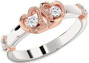 Diamond Silver & 10K Rose Gold Heart Round Two Stone Ring