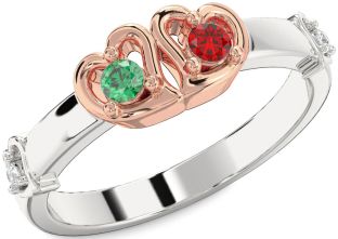 Diamond Emerald Silver & 10K Rose Gold Heart Two Stone Birthstone Ring