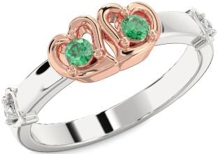 Diamond Emerald Platinum & Rose Gold Heart Two Stone Birthstone Ring