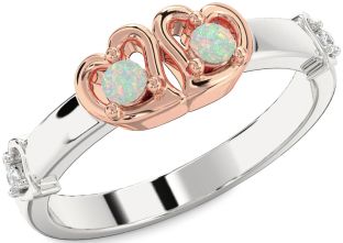 Diamond Emerald Platinum & Rose Gold Heart Two Stone Birthstone Ring