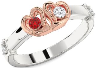 Diamond Emerald Platinum & Rose Gold Heart Two Stone Birthstone Ring