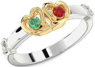 Diamond Emerald Silver & 10K gold Heart Two Stone Birthstone Ring