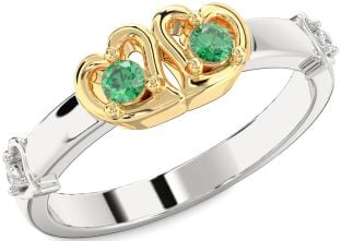 Diamond Emerald Platinum & Yellow Gold Heart Two Stone Birthstone Ring