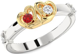 Diamond Emerald Platinum & Yellow Gold Heart Two Stone Birthstone Ring