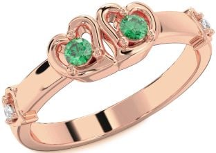 Diamond Emerald Rose Gold Heart Two Stone Birthstone Ring