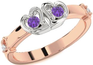 Diamond Emerald Platinum & Rose Gold Heart Two Stone Birthstone Ring