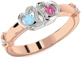 Diamond Rose Gold Silver Heart Two Stone Promise Ring