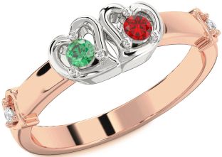 Diamond Emerald Platinum & Rose Gold Heart Two Stone Birthstone Ring