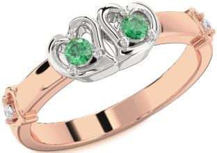 Diamond Emerald Platinum & Rose Gold Heart Two Stone Birthstone Ring