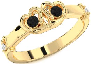 Black Diamond Gold Silver Heart Two Stone Ring