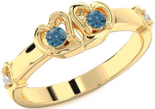 Blue Diamond Gold Heart Two Stone Ring