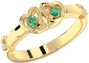 Diamond Emerald Gold Heart Two Stone Birthstone Ring