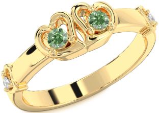 Green Diamond Gold Silver Heart Two Stone Ring