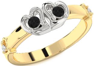 Black Diamond Gold Silver Heart Two Stone Ring
