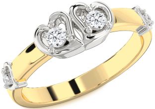 Diamond White Yellow Gold Heart Round Two Stone Ring