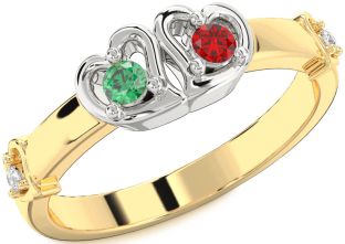 Diamond Emerald Platinum & Yellow Gold Heart Two Stone Birthstone Ring