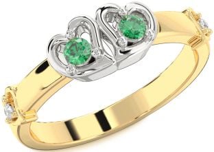 Diamond Emerald Platinum & Yellow Gold Heart Two Stone Birthstone Ring