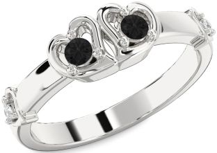 Black Diamond Silver Heart Two Stone Ring