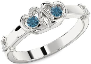 Blue Diamond Silver Heart Two Stone Ring