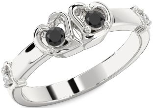 Diamond Black Onyx Silver Heart Two Stone Ring